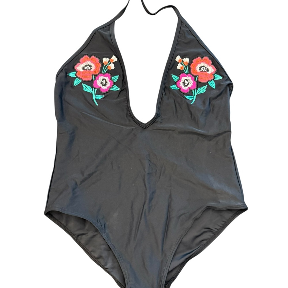 Swim Black Floral Embroidery Boho One‎ Piece Swimsuit Size 12 Neck Tie NEW